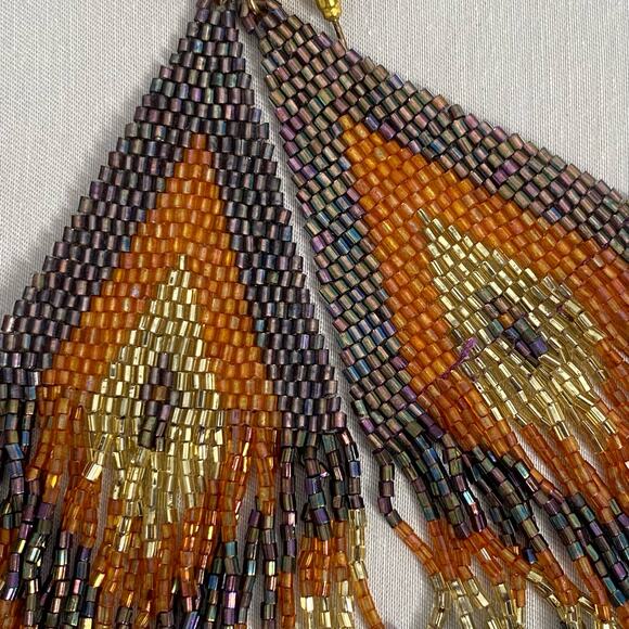 Tribal Oversized Seed Beaded Earrings Posts Chevron Color Black Pattern Fringe - Picture 5 of 9